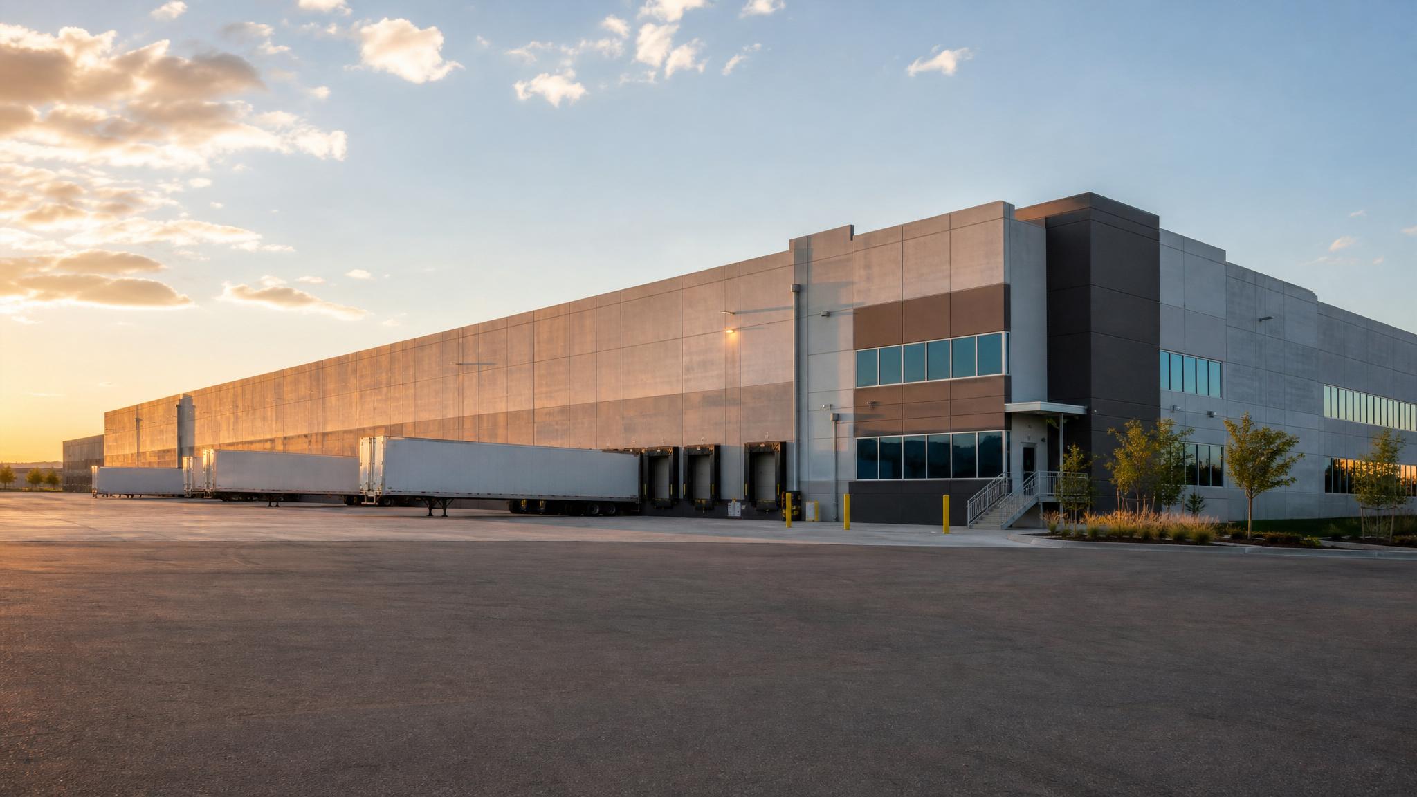 Modern industrial net lease facility with loading docks and trailers