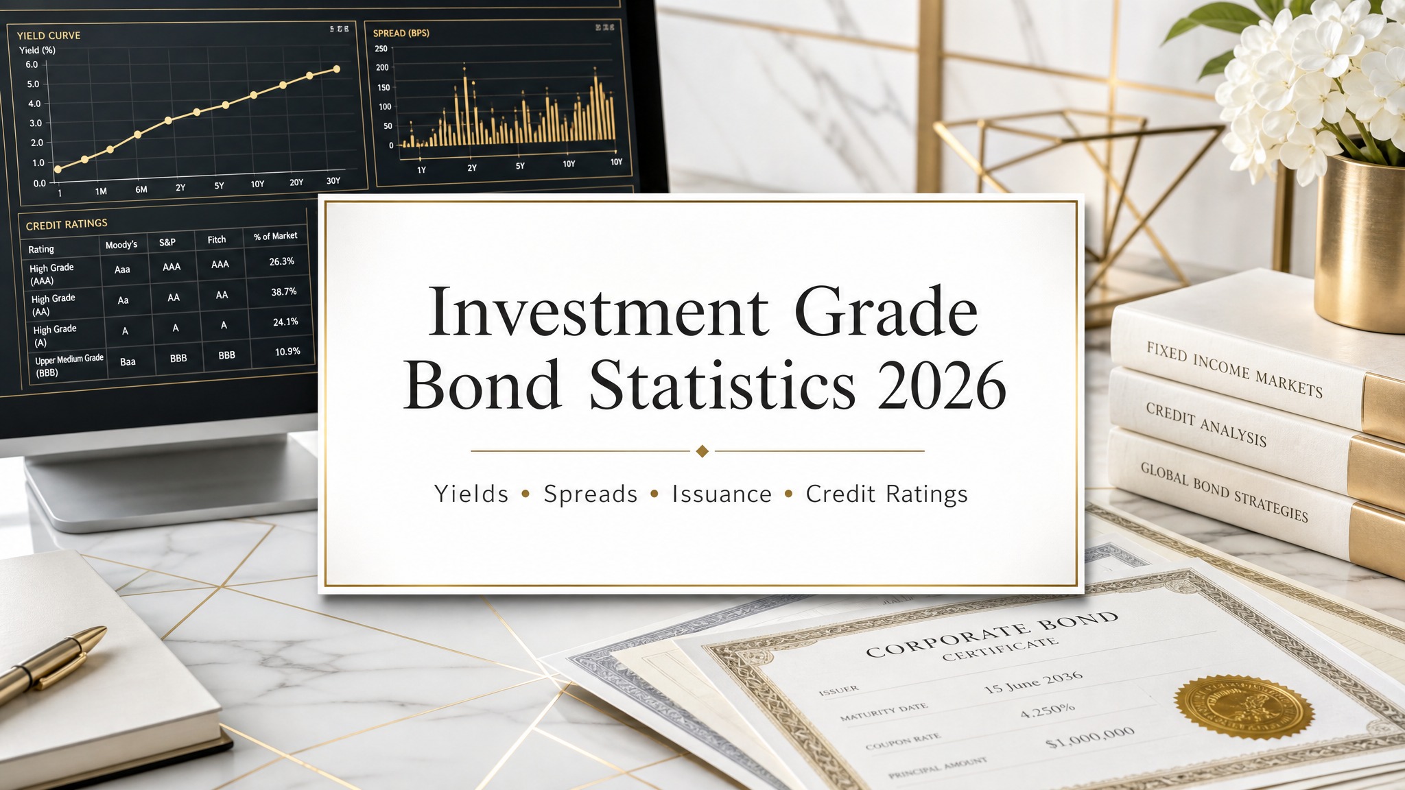 Investment grade bond statistics 2026 title card with bond market data, yields, spreads, issuance, and credit ratings