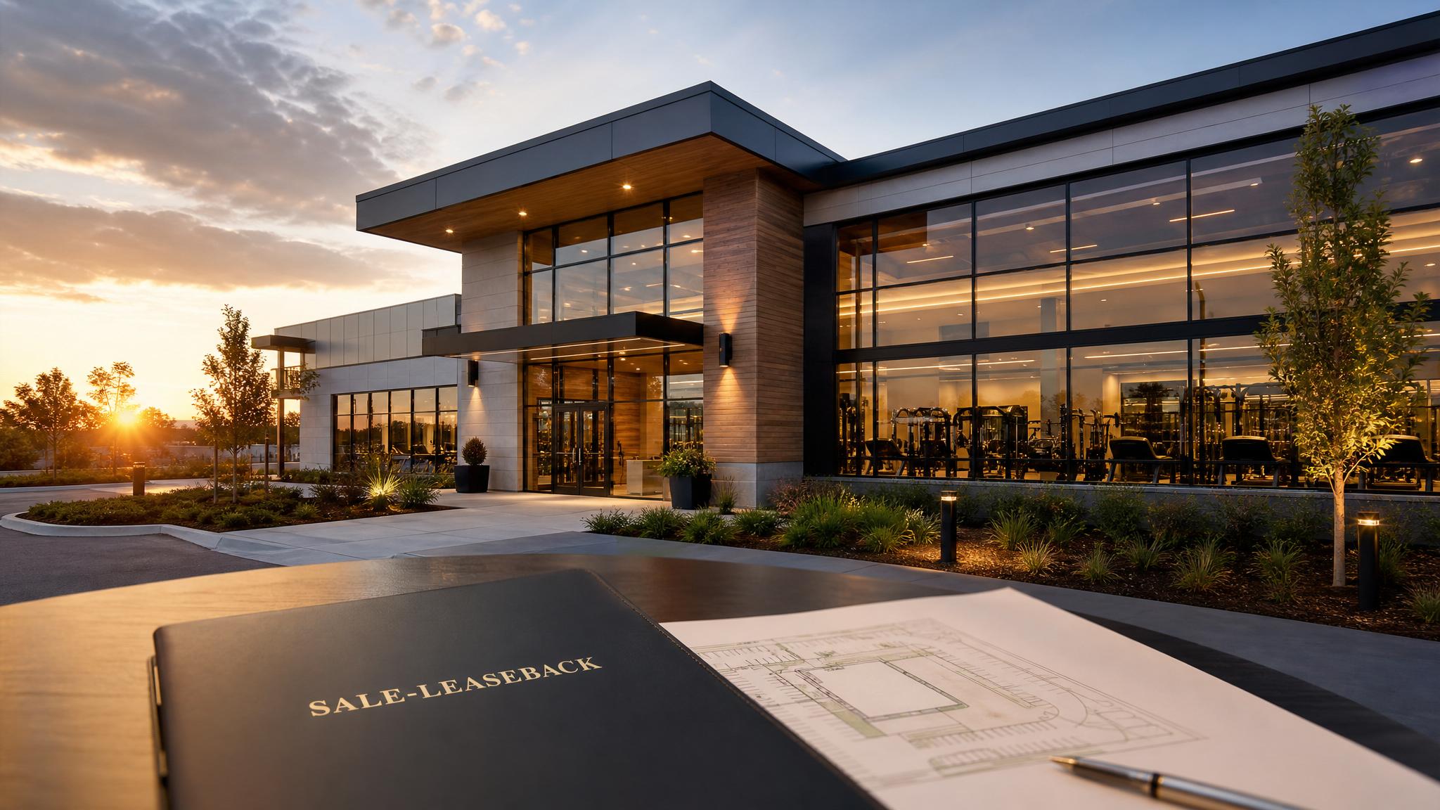 Modern fitness club exterior with sale-leaseback document for Life Time sale-leaseback article