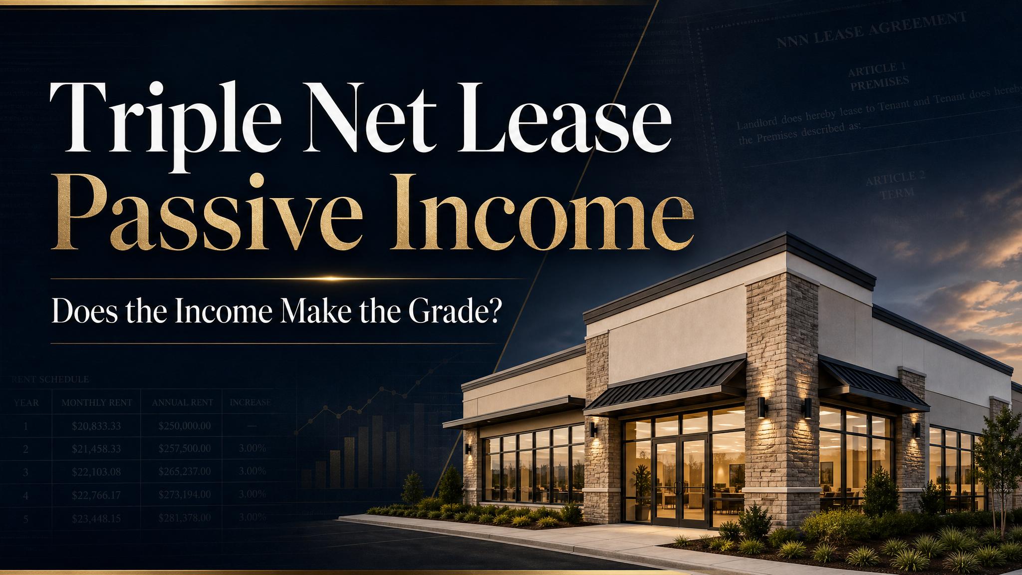 Triple Net Lease Passive Income title card with institutional white and gold typography over net lease real estate